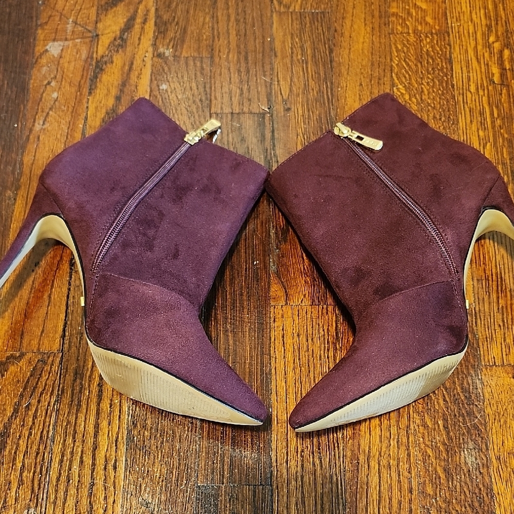 Bebe Delonix Gorgeous Eggplant Heeled Boots with Floral Embroidery - Picture 3 of 9